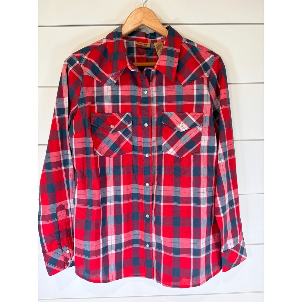 Wrangler Western Shirt Men's Red Blue White Plaid Long Sleeve Pearl Snaps Medium